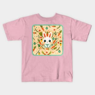 cute rabbit surrounded by flowers, plants and carrots, Scandinavian style Kids T-Shirt